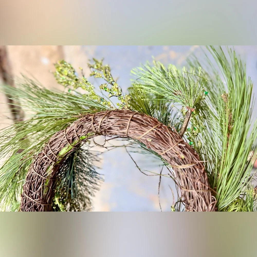 17” PEACOCK FEATHER Maximalist Wreath w Gems & Crystals on Grapevine Ring Base